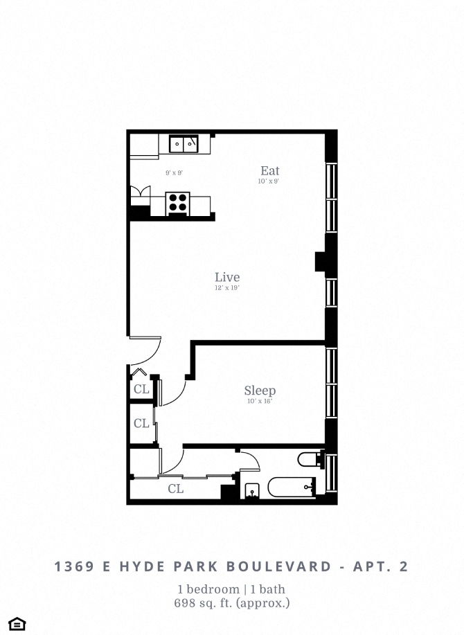 Floor plan for 1 bed, 1 bath, 698 sqft